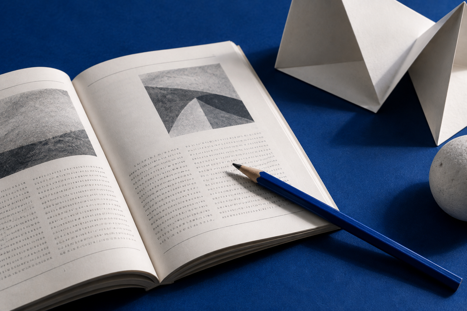 An open journal and a blue pencil on a cobalt desk